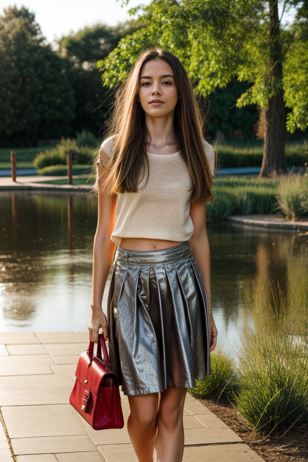 attractive , skinny, cute college girl,freckles pale skin, long hair, short tight low cut top and skirt. She has a handbag and is in front of her school pond,photography,realhands