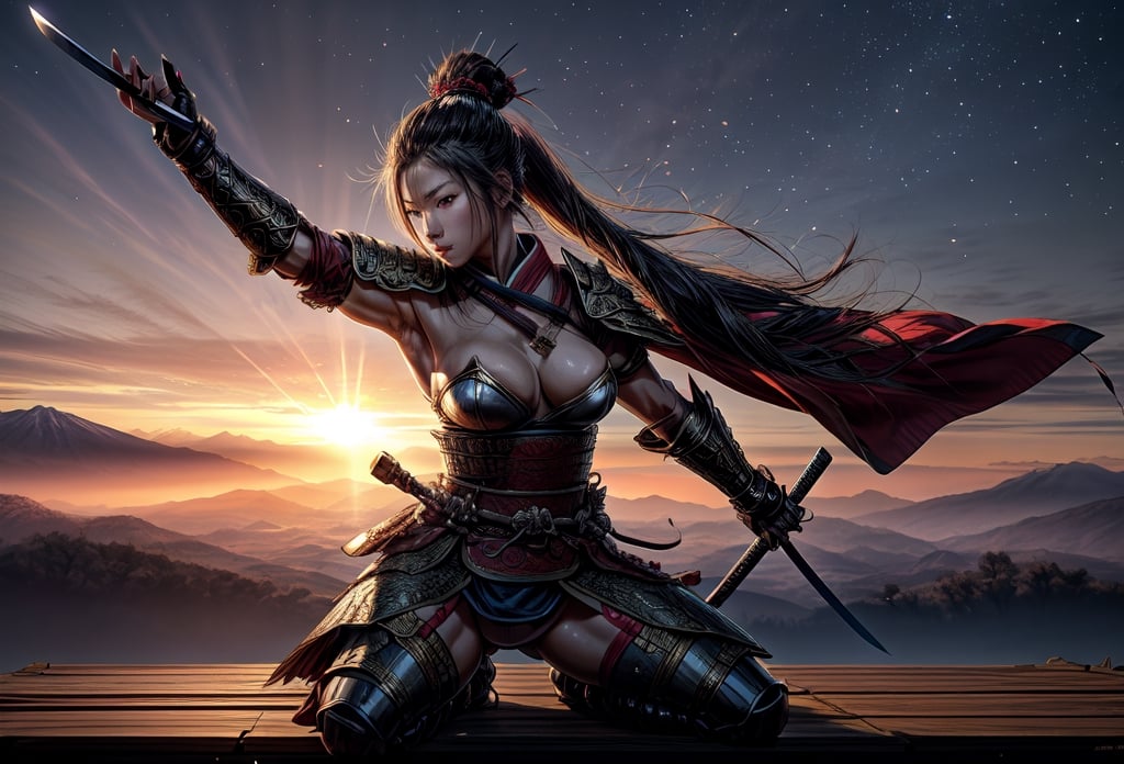 Produce a captivating wallpaper with a full-body portrayal of a female Samurai warrior exuding strength and grace. She stands confidently in ornate armor, her katana held firmly, a symbol of her readiness for combat. The background should envelop her in an atmosphere of mystery and intensity, setting the stage for an epic battle.