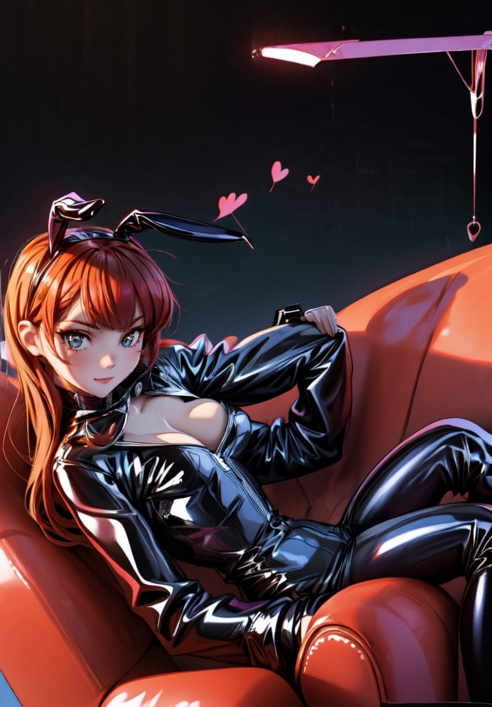 a woman in a latex outfit sitting on a couch, leather bunny costume bodysuit, ultrarealistic sweet bunny girl, succubus in tight short dress, bunny girl, latex dress, wearing black latex outfit, wearing latex, latex, sexy dress, black latex, wearing atsuko kudo latex outfit, latex outfits, black leather slim clothes, latex shiny