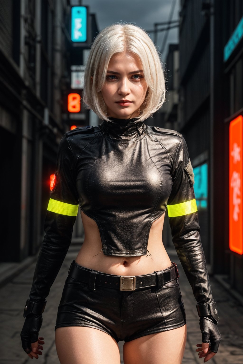 (1girl in)、(Plump beauty)、(White hair)、(30-years old)、(Top image quality)、(8K picture quality)、(cyberpunked)、(masutepiece)、 (Flickering of light)、(Wear a cyberpunk military uniform)(Carrying a sword on your back)、cinematric light, Cinema Shadow, Sharp Image, Extremely detailed, Volumetric, Bright sprites, particles effect, beautiful effects, Vivid colors, neons, Neon light, Highly detailed image textures, detailed hairs, Detailed eyes, city、Dark hair、Eyes glow、Sparkling red aura、Photo from the knee up、Legion of Machines、
