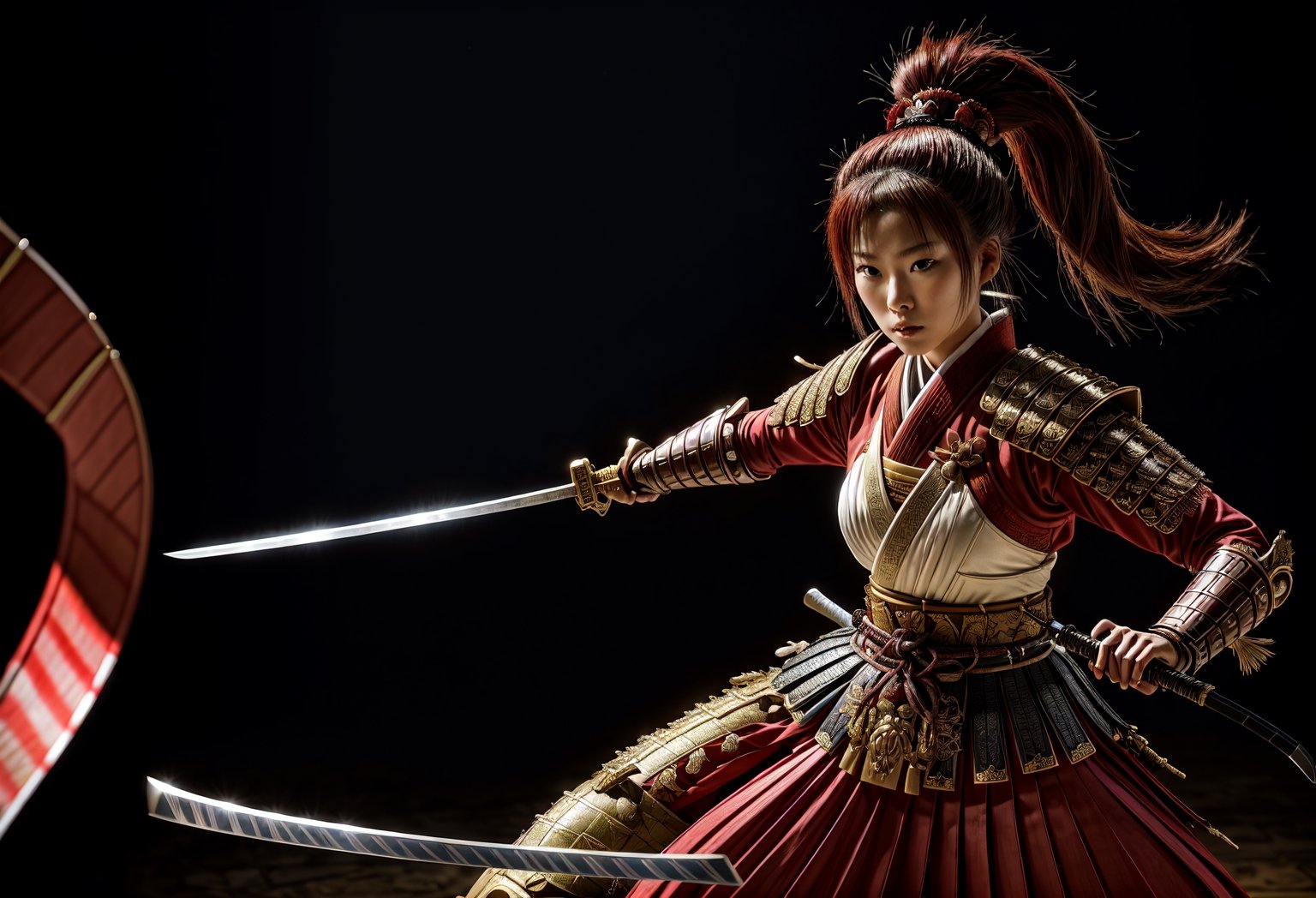 Produce a captivating wallpaper that showcases a full-body view of a female Samurai warrior exuding strength and determination. Dressed in traditional Samurai armor, she wields a gleaming katana, ready for battle. The background should immerse her in a dark, mysterious atmosphere, setting the stage for an epic showdown while maintaining a distinct Samurai appearance.