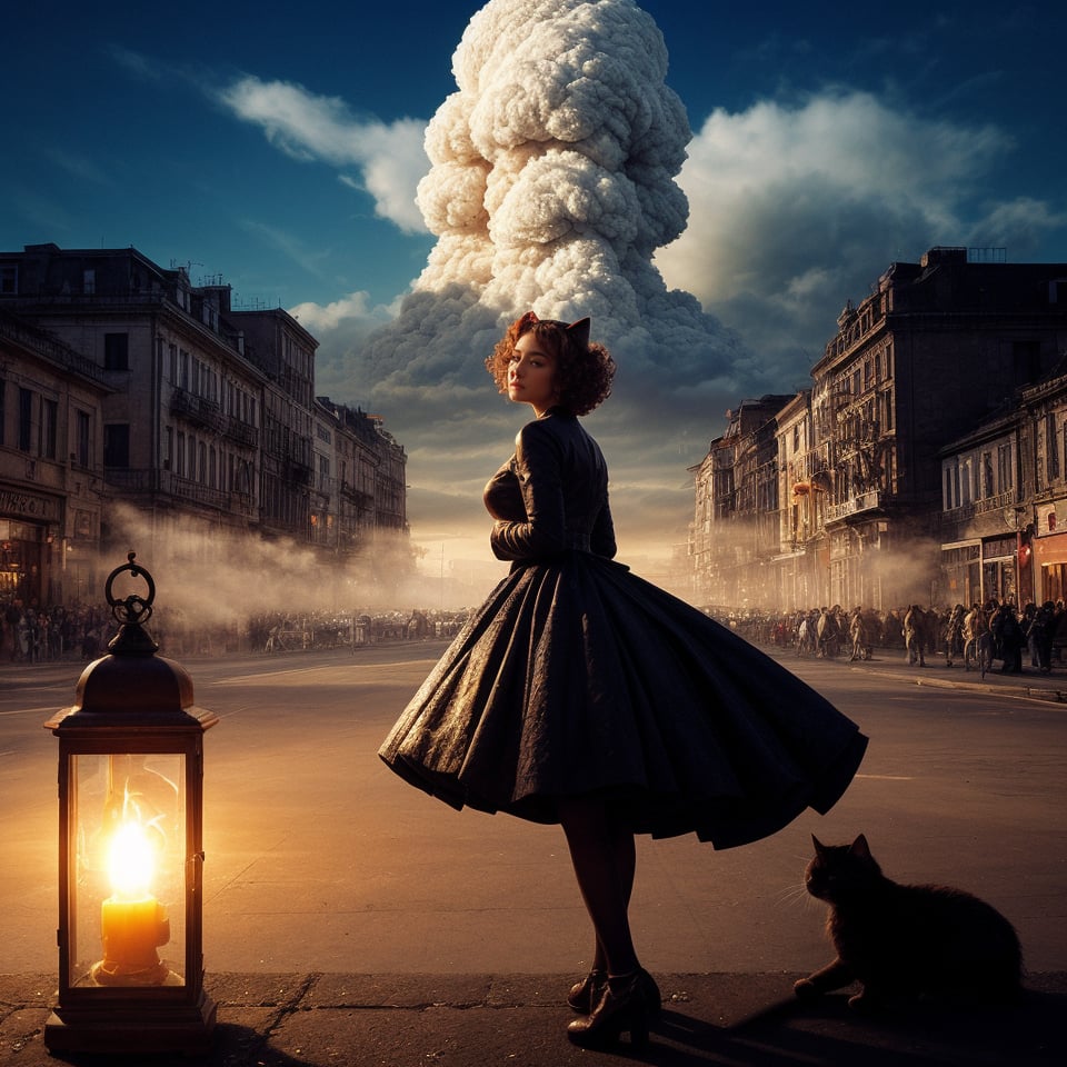 A surrealistic anime landscape unfolds: Salvador Dali's iconic melting clocks and distorted objects blend with vibrant anime colors and stylized characters. In a dreamlike setting, a bespectacled anime girl with a wispy mustache and curly hair peers out from behind a warped clock face, surrounded by swirling clouds of golden smoke. The cityscape in the background features buildings shaped like snails and mushrooms, while a giant, -pink cat watches over the scene, its eyes glowing like lanterns.,dali69