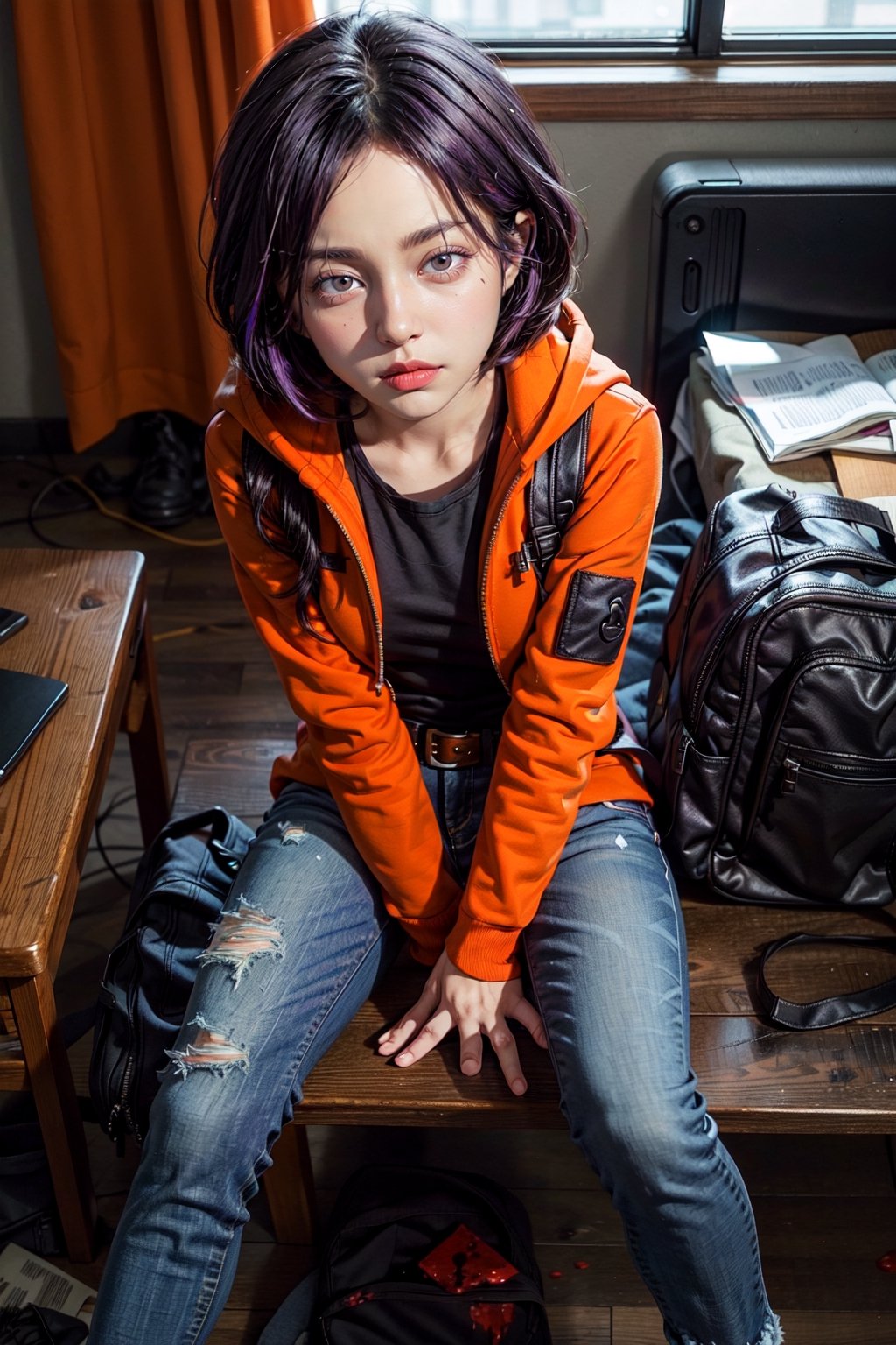 1 realistic girl, caucasian girl, photorealistic, dynamic view, teen girl, full body, 23 years old, (beautiful detailed eyes), ((best quality)), ((highly detailed)), {{{masterpiece,, perfect lightingbest quality,,KennyMC, 1girl, solo, black hair, purple hair,black shirt, belt, hoodie, backpack,orange jacket,torn jeans, makeup,hood up,sitting,from above,looking at viewer,indoors, stained with blood, spitting blood, blood on the forehead, wounds}}}