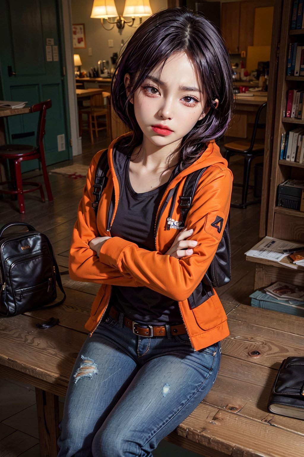 1 realistic girl, caucasian girl, photorealistic, dynamic view, teen girl, full body, 23 years old, (beautiful detailed eyes), ((best quality)), ((highly detailed)), {{{masterpiece,, perfect lightingbest quality,,KennyMC, 1girl, solo, black hair, purple hair, black shirt, belt, hoodie, crossed arms, backpack,orange jacket,torn jeans, makeup,hood up,sitting,from above,looking at viewer,indoors, stained with blood, spitting blood, blood on the forehead, wounds}}}