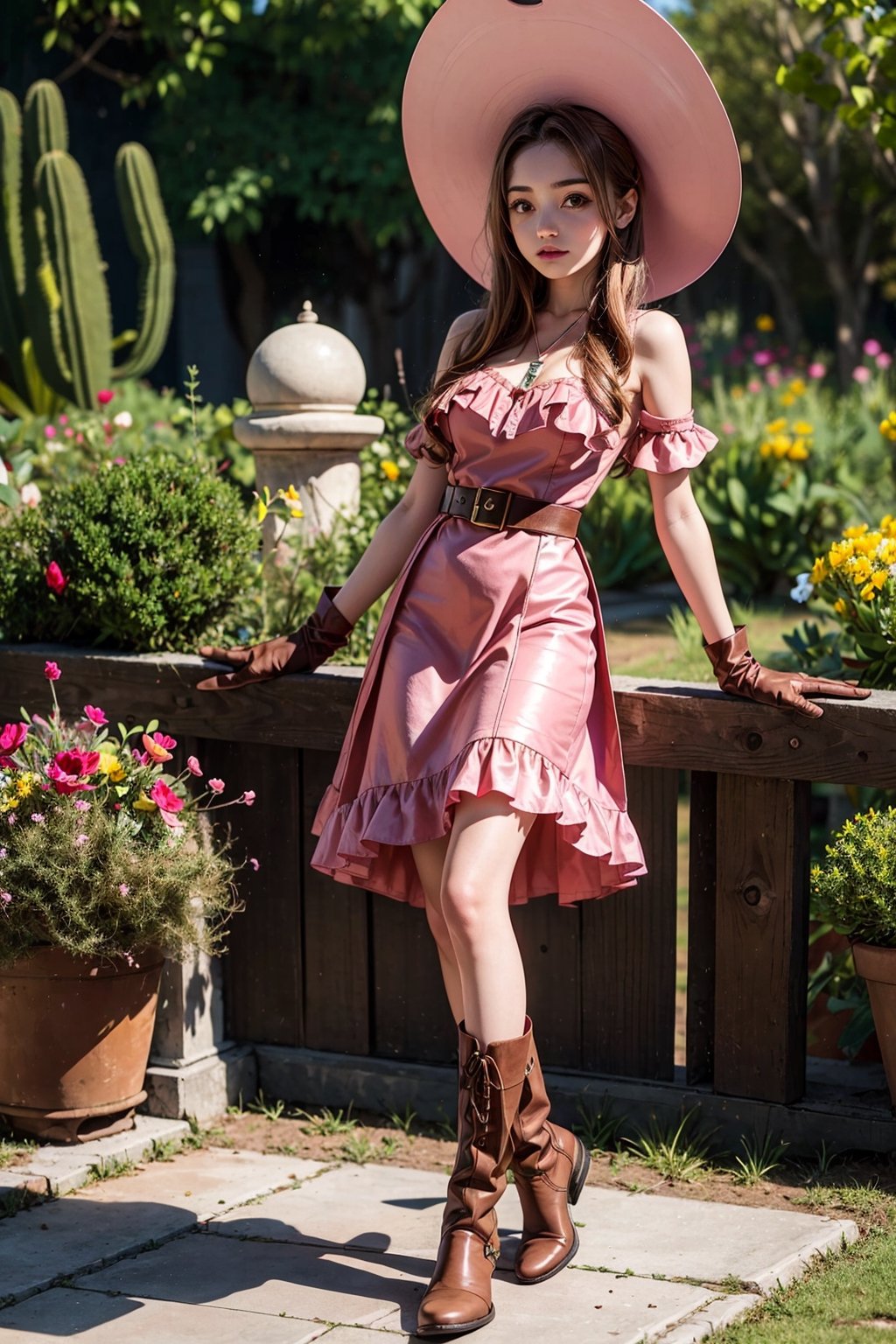 1girl realistic, arabic girl, photorealistic, reddish skin, dynamic view, Teen girl, full body, 16 years old, (beautiful detailed eyes),((best quality)), ((highly detailed)), masterpiece, cowgirl hat, pink dress, ruffle dress with string strips, leather belt, women's boots, leather gloves, garden with blooming cacti