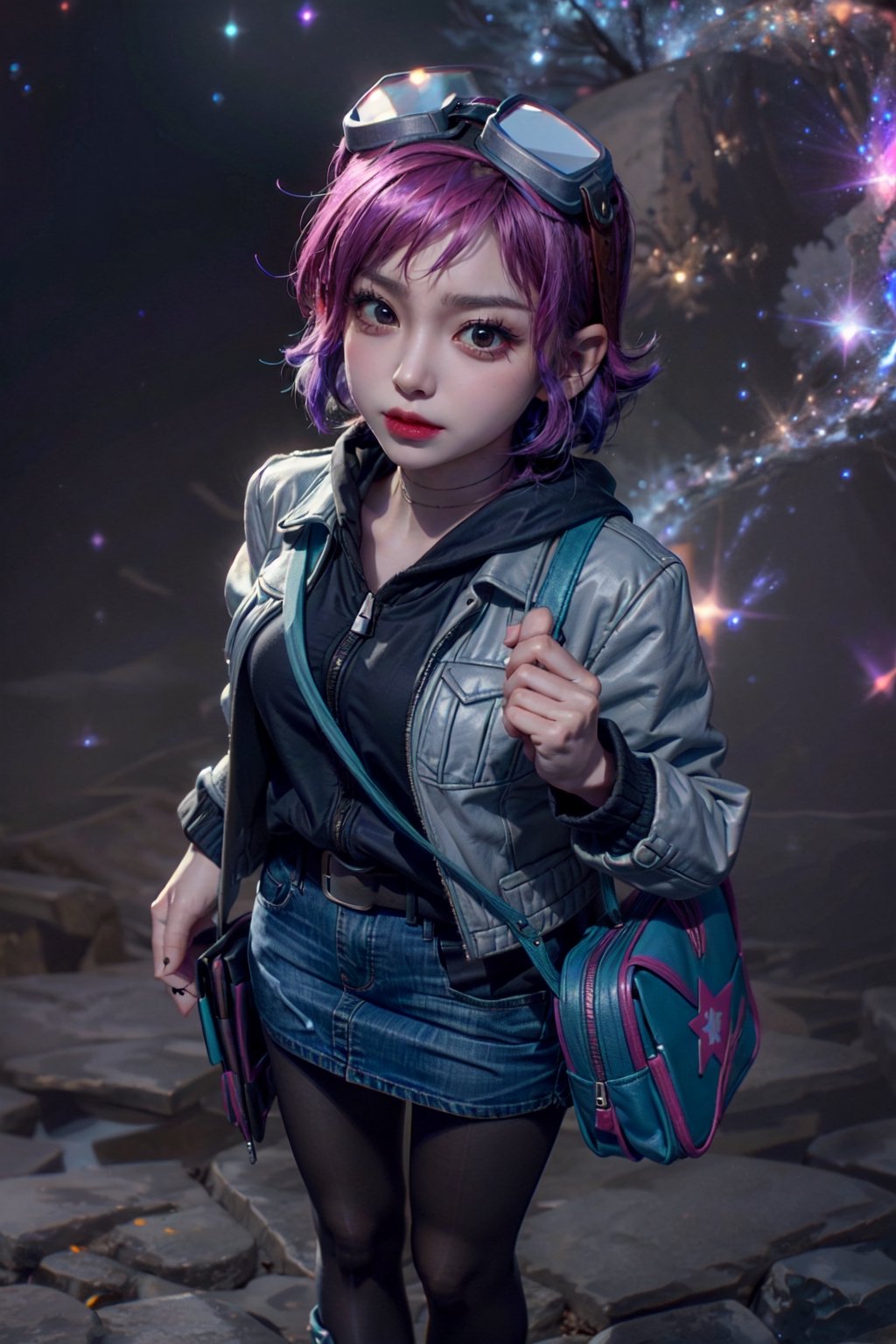 1 realistic girl, caucasian girl, photorealistic, dynamic view, teen girl, full body, 23 years old, (beautiful detailed eyes), ((best quality)), ((highly detailed)), {{{ Ramona_Flowers,short hair,black eyes,1girl, solo, medium breasts,looking at viewer, smile, BREAK goggles on head, hoodie,grey jacket,long sleeves,shoulder bag,star (symbol),belt,denim skirt,purple pantyhose, (galaxy background:1.3), from above,}}}, Ramona_Flowers,Ramona_Flowers