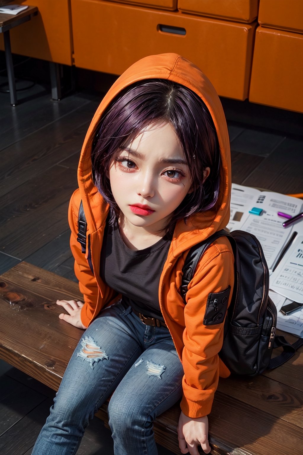 1 realistic girl, caucasian girl, photorealistic, dynamic view, teen girl, full body, 23 years old, (beautiful detailed eyes), ((best quality)), ((highly detailed)), {{{masterpiece,, perfect lightingbest quality,,KennyMC, 1girl, solo, black hair, purple hair,black shirt, belt, hoodie, backpack,orange jacket,torn jeans, makeup,hood up,sitting,from above,looking at viewer,indoors,}}}