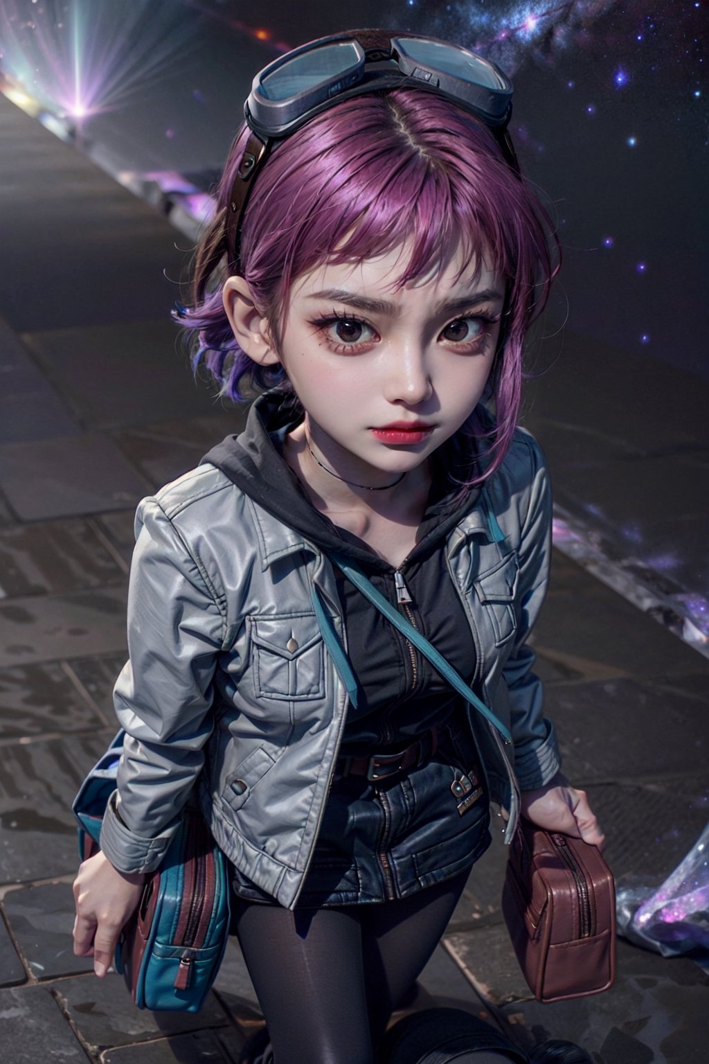 1 realistic girl, caucasian girl, photorealistic, dynamic view, teen girl, full body, 23 years old, (beautiful detailed eyes), ((best quality)), ((highly detailed)), {{{ Ramona_Flowers,short hair,black eyes,1girl, solo, medium breasts,looking at viewer, smile, BREAK goggles on head, hoodie,grey jacket,long sleeves,shoulder bag,star (symbol),belt,denim skirt,purple pantyhose, (galaxy background:1.3), from above,}}}, Ramona_Flowers,Ramona_Flowers