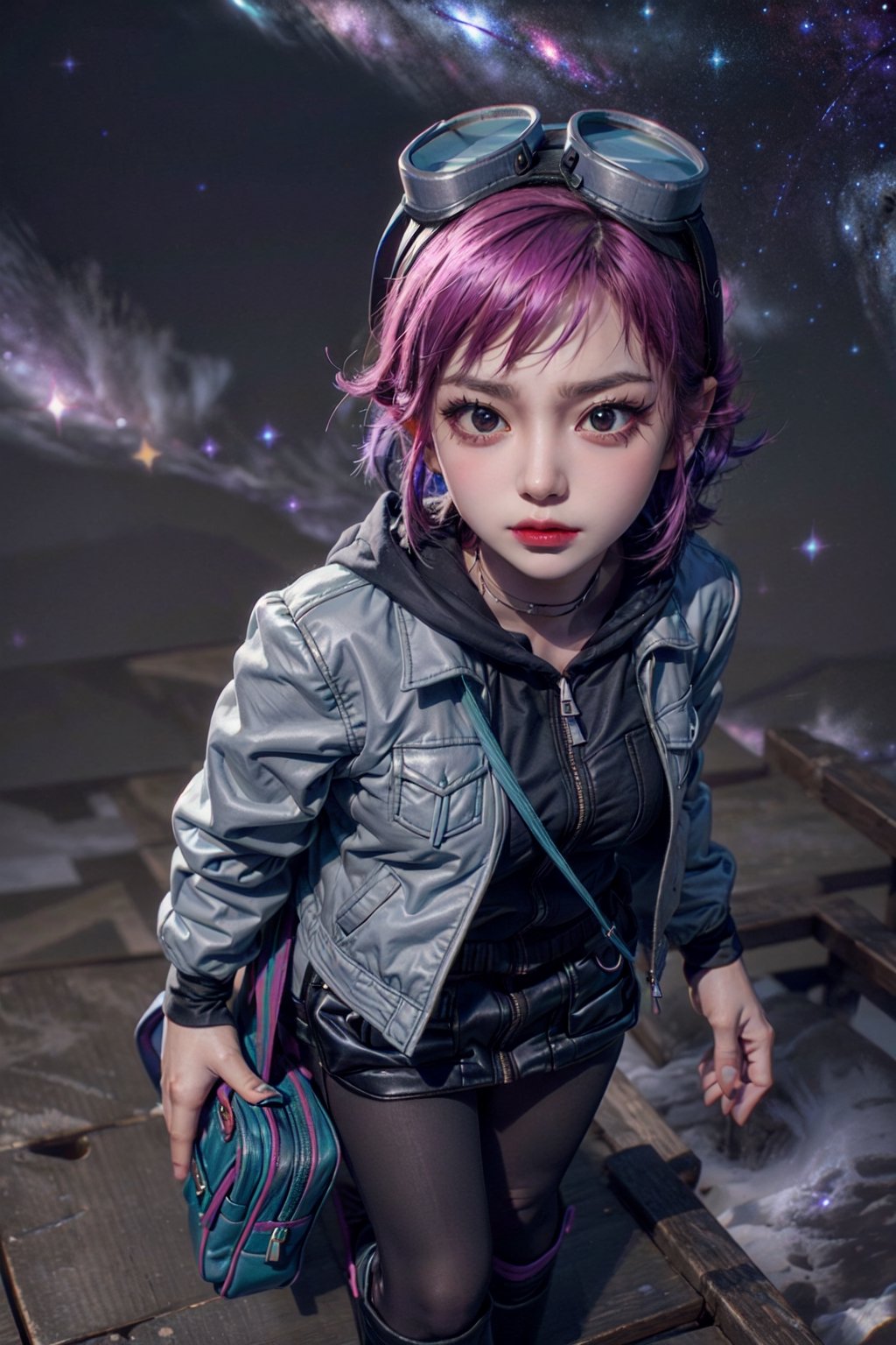 1 realistic girl, caucasian girl, photorealistic, dynamic view, teen girl, full body, 23 years old, (beautiful detailed eyes), ((best quality)), ((highly detailed)), {{{ Ramona_Flowers,short hair,black eyes,1girl, solo, medium breasts,looking at viewer, smile, BREAK goggles on head, hoodie,grey jacket,long sleeves,shoulder bag,star (symbol),belt,denim skirt,purple pantyhose, (galaxy background:1.3), from above,}}}, Ramona_Flowers,Ramona_Flowers