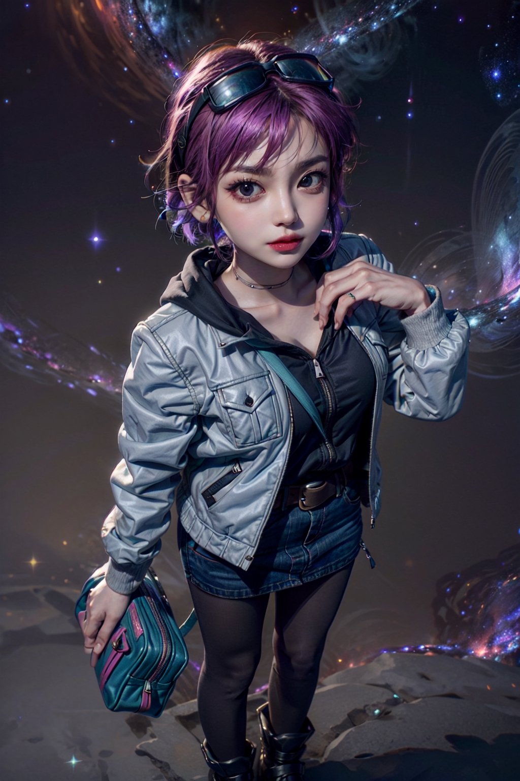 1 realistic girl, caucasian girl, photorealistic, dynamic view, teen girl, full body, 16 years old, (beautiful detailed eyes), ((best quality)), ((highly detailed)), {{{ Ramona_Flowers,short hair,black eyes,1girl, solo, medium breasts,looking at viewer, smile, BREAKgoggles on head, hoodie,grey jacket,long sleeves,shoulder bag,star (symbol),belt,denim skirt,purple pantyhose,(galaxy background:1.3),from above,}}}, Ramona_Flowers