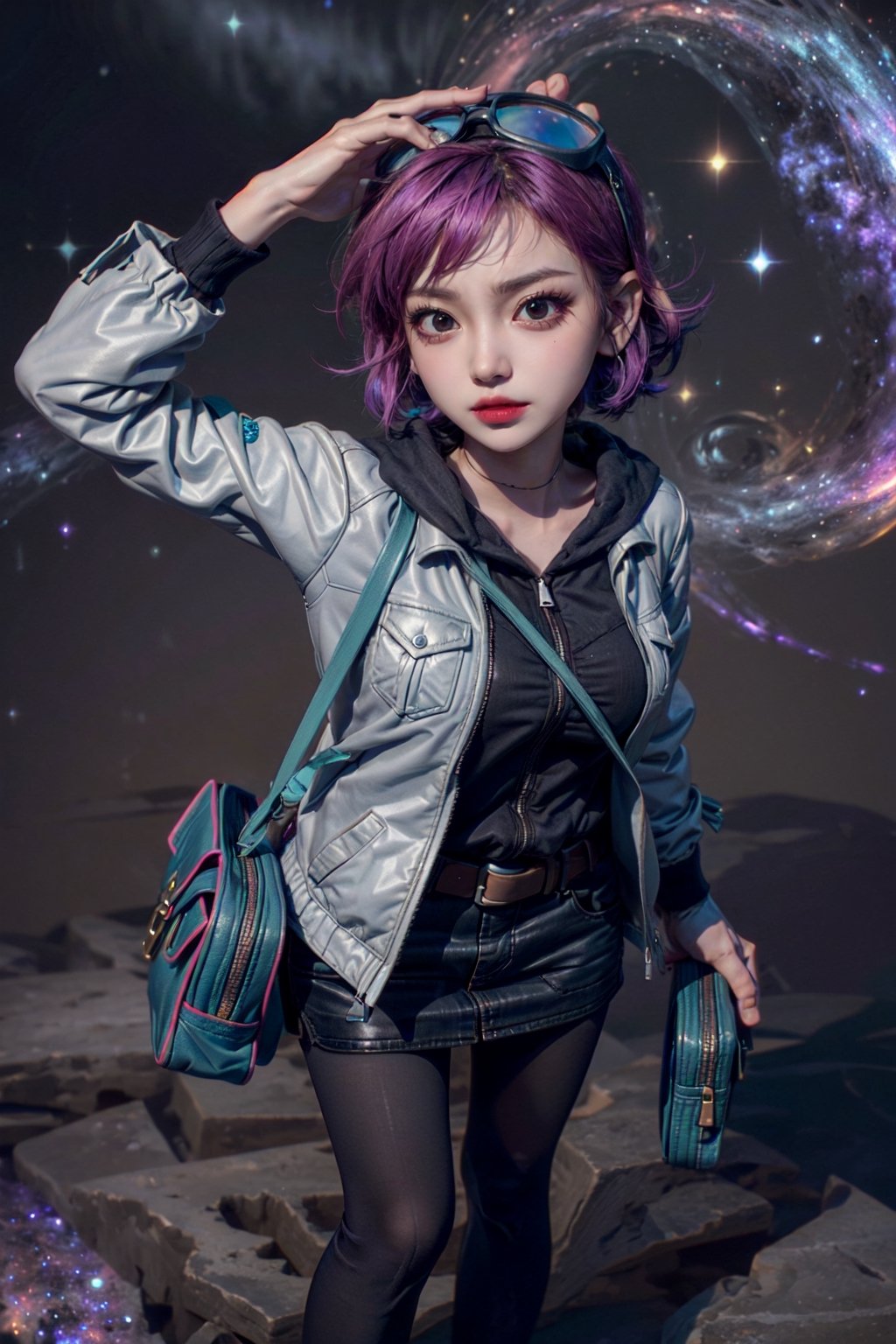 1 realistic girl, caucasian girl, photorealistic, dynamic view, teen girl, full body, 16 years old, (beautiful detailed eyes), ((best quality)), ((highly detailed)), {{{ Ramona_Flowers,short hair,black eyes,1girl, solo, medium breasts,looking at viewer, smile, BREAKgoggles on head, hoodie,grey jacket,long sleeves,shoulder bag,star (symbol),belt,denim skirt,purple pantyhose,(galaxy background:1.3),from above,}}}, Ramona_Flowers