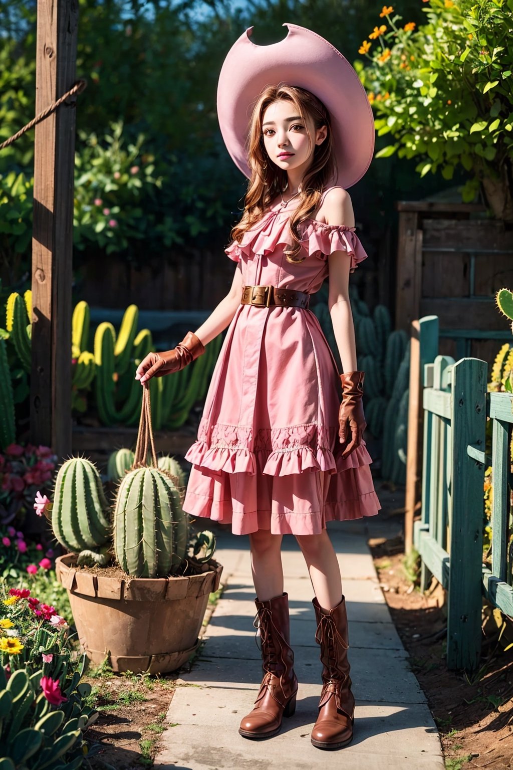 1girl realistic, arabic girl, photorealistic, reddish skin, dynamic view, Teen girl, full body, 16 years old, (beautiful detailed eyes),((best quality)), ((highly detailed)), masterpiece, cowgirl hat, pink dress, ruffle dress with string strips, leather belt, women's boots, leather gloves, garden with blooming cacti