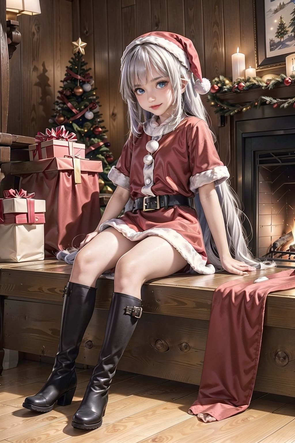 ((15 year old girl: 1.5)), Kanna Kamui, christmas_clothes, fireplace, christmas gift, stand, horns, loli, give gift, :D, room, full body, perfect, white hair, multicolored hair, 1 girl, complete anatomy, super cute, girl, beautiful shiny body, bangs, high eyes, (aquamarine eyes), small, beautiful girl with beautiful details, beautiful delicate eyes, detailed face, beautiful eyes, beautiful shiny body, smile, happiness, angle full body, mini skirt, exposed thighs, thick thighs, inside the room, Christmas decorations, fireplace, ((Santa Claus costume: 1,2)),((western boots)),((many gifts) ), belt black, ((Realism: 1.2)), Dynamic Long Shots, Cinematic Lighting, Perfect Composition, Highly Detailed, Official Artwork, Sumic.mic Masterpiece, (Top Quality: 1.3), Reflections, Highly Detailed CG Unity 8k Wallpaper , Detailed background, Masterpiece, Best quality, (Masterpiece), (Best quality: 1.4), (Ultra-high resolution: 1.2), (Hyperrealistic: 1.4), (Photorealistic: 1.1), Best quality, high quality, high resolution, emphasis on details,((Log house room: 1,4)),((slender and small bust)), Kanna Kamui,hand,Christmas,perfect