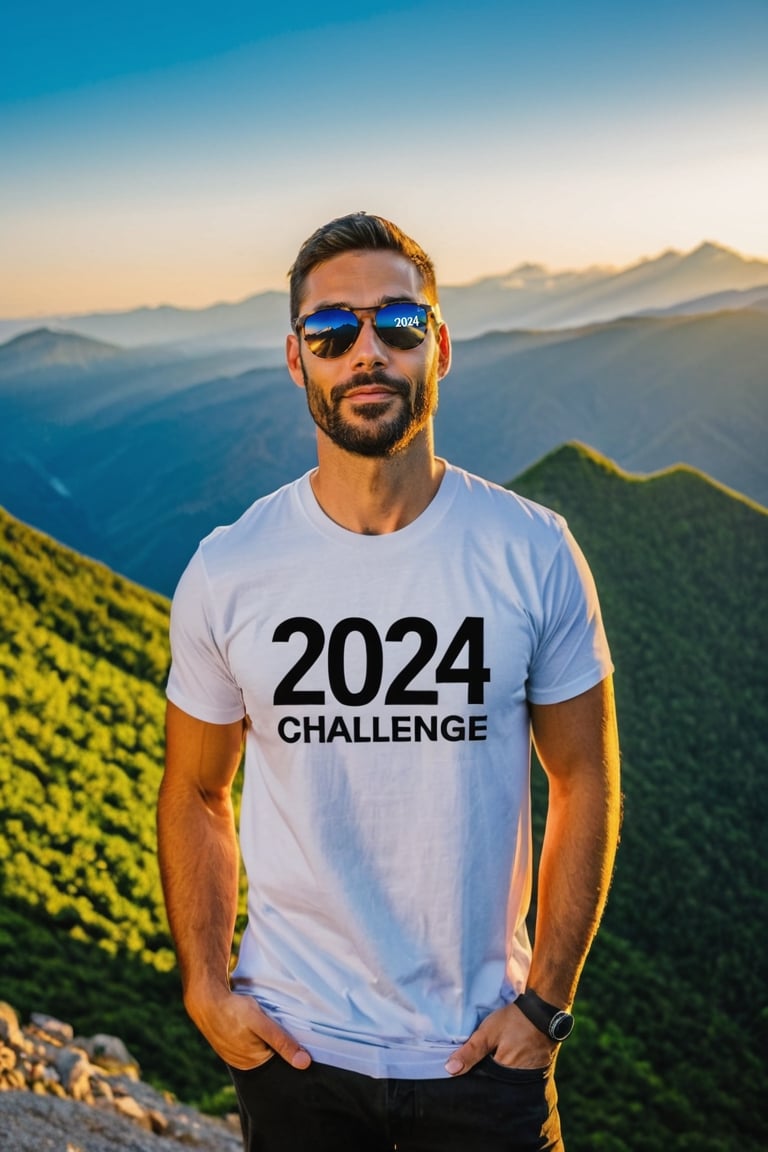 Macho Guy wearing a T-shirt. The words (("2024Challenge")) printed on the T-shirt, The background is the mountain where the sun rises.