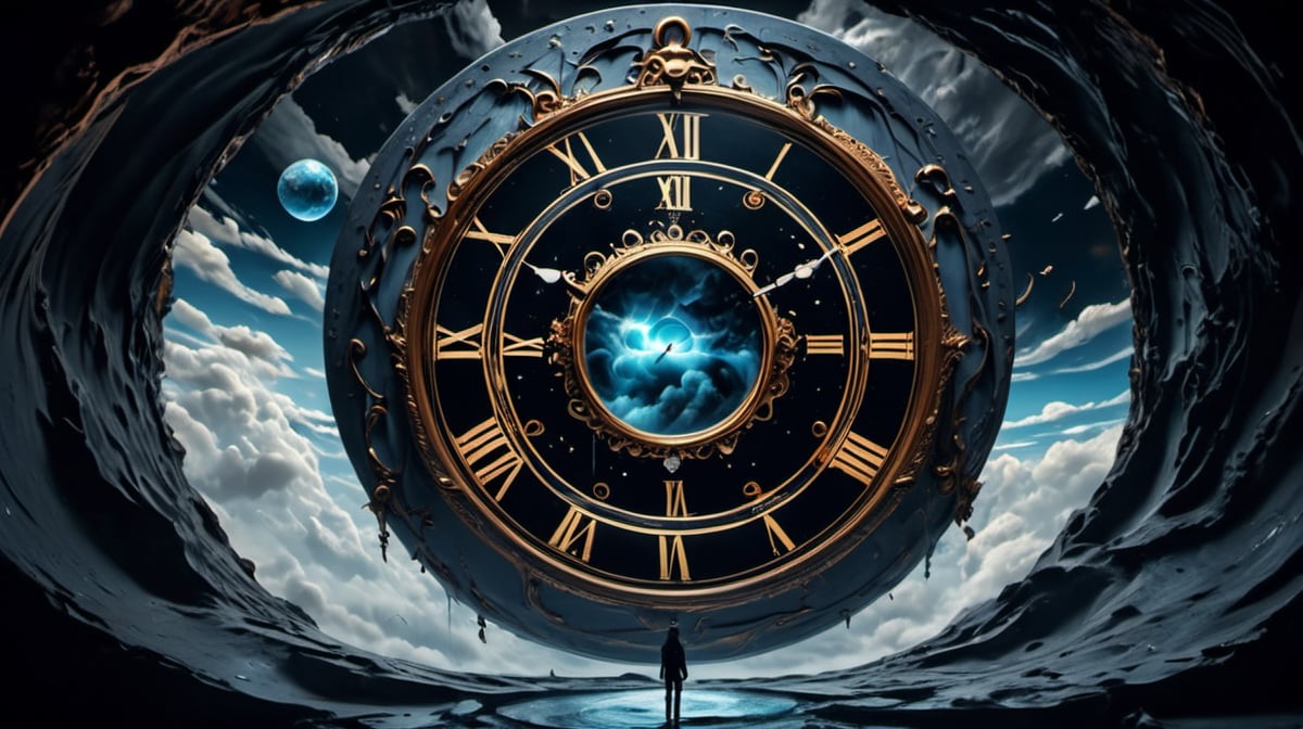 An orange clock is sucked into the middle of a blue black hole. A person stands in front of it. Flowing clouds, blue swirling abyssal background, highly intricate and detailed, surreal and spectacular cinematic detail, 4K, HDR, magical fantasy, close-ups, super detail