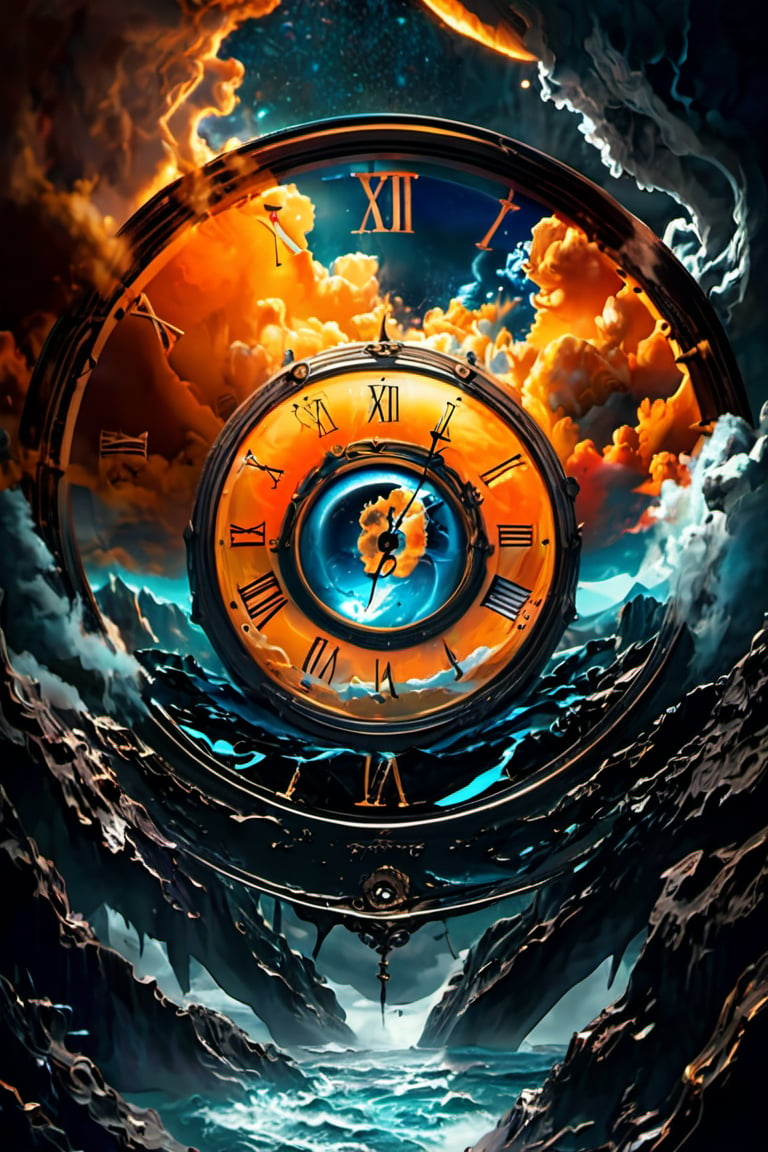 An orange clock is sucked into the middle of a blue black hole, Flowing clouds, blue swirling abyssal background, highly intricate and detailed, surreal and spectacular cinematic detail, 4K, HDR, magical fantasy, close-ups, super detail