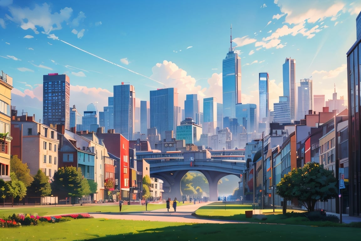 ((Top photo Quality, 8k, Masterpiece: 1.3)), Focus: 1.2, Future city, Green park, Light blue sky, Bright atmosphere, 50,000 buildings in background, Ray of light in center of image, DonMCyb3rN3cr0XL, studio Ghibli style, Mechanical part