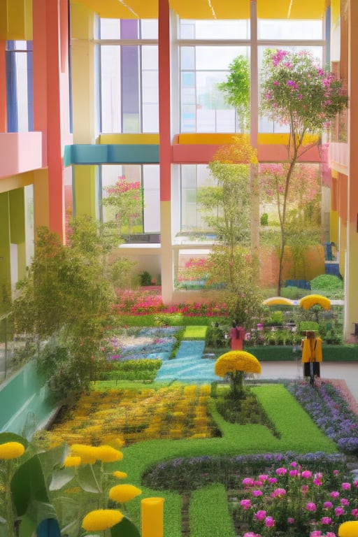  A nursey school and a flower garden.
