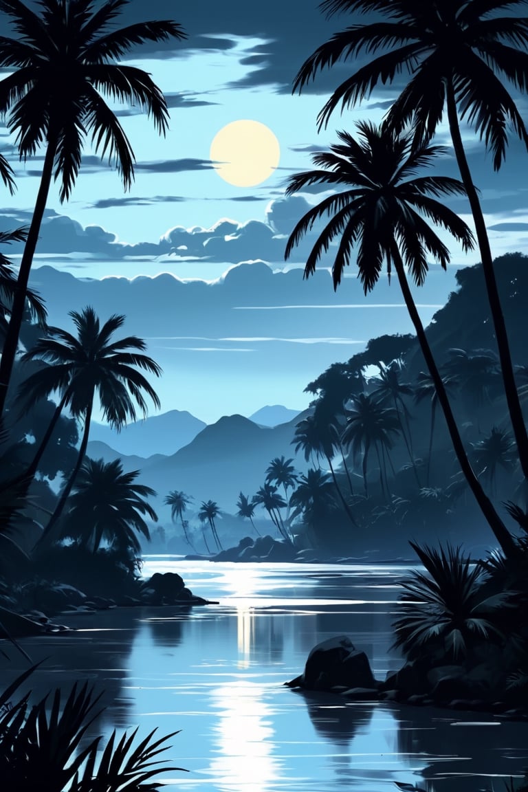 masterpiece, best quality, highres, African palm tree forest, river in foreground. Moody atmosphere; (Anime:0.8), (Cartoon:1.4),vector