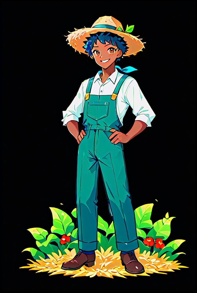 score_9, score_7_up, best quality, highres, source_anime, center composition, cartoon, comic, colored_skin, flat color, 1_adult_black_man_smiling_wearing_as_a_farmer_wearing_a_hat_looking_at_the_viewer, hands_on_hips, A-pose, facing_viewer, full-body_portrait, transparent_background, Flat vector art,Vector illustration