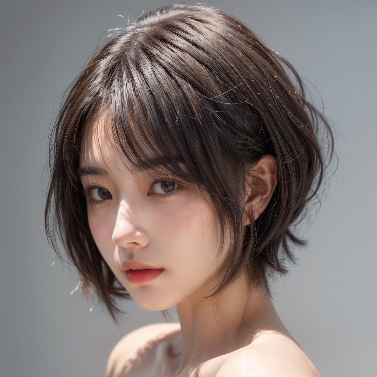 1girl, solo, looking at viewer, short hair, bangs, brown eyes, closed mouth, grey hair, nude, lips, shadow, bob cut, portrait, realistic, nose ,shaded face