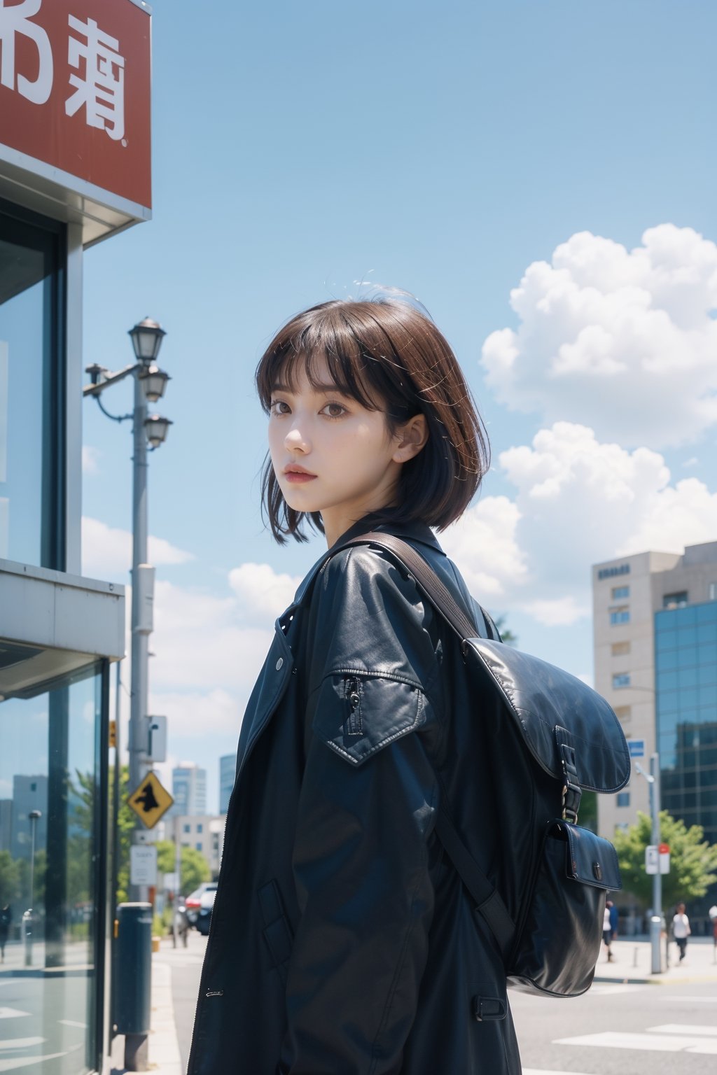 1girl, solo, short hair, brown hair, black hair, long sleeves, jacket, outdoors, sky, day, cloud, bag, from behind, blue sky, black jacket, backpack, building, scenery, city, sign, facing away