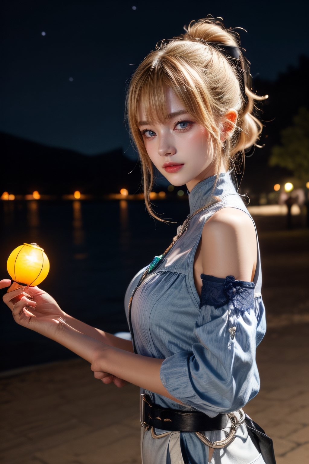 , jeanseabreeze, upper body, smile, blush, outdoors, night, simple background, night sky, short hair, stars in sky, lantern_festival_background, looking at viewer , moody lighting,jeanrnd , blond_hair , blue_clothes,,Masterpiece , pony_tail, night_beach ,  , glowing_lantrens , (red_lantersn glowing around),photorealistic,Masterpiece