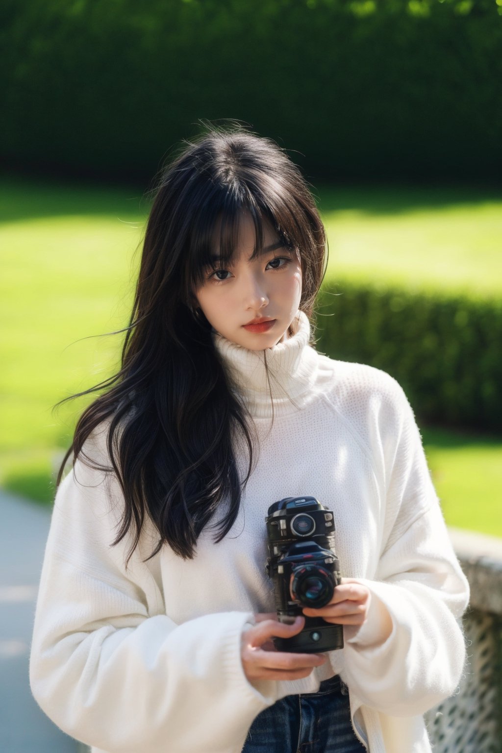 1girl, solo, looking at viewer, bangs, black hair, long sleeves, holding, upper body, outdoors, parted lips, open clothes, day, medium hair, blurry, black eyes, sweater, lips, coat, blurry background, turtleneck, turtleneck sweater, realistic, fence, camera, photo background, holding camera