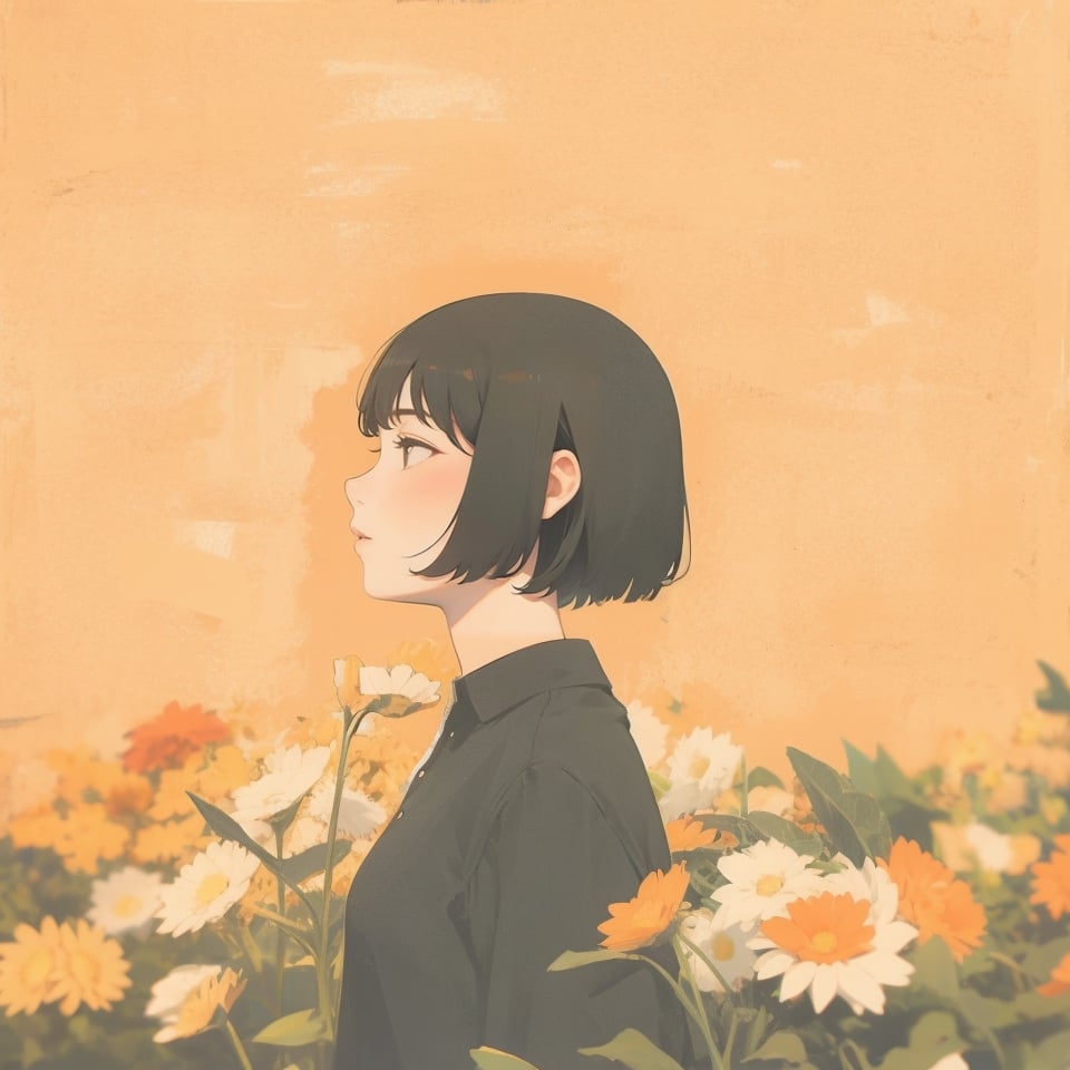 1girl, solo, short hair, black hair, upper body, flower, redscale, profile,(best quality