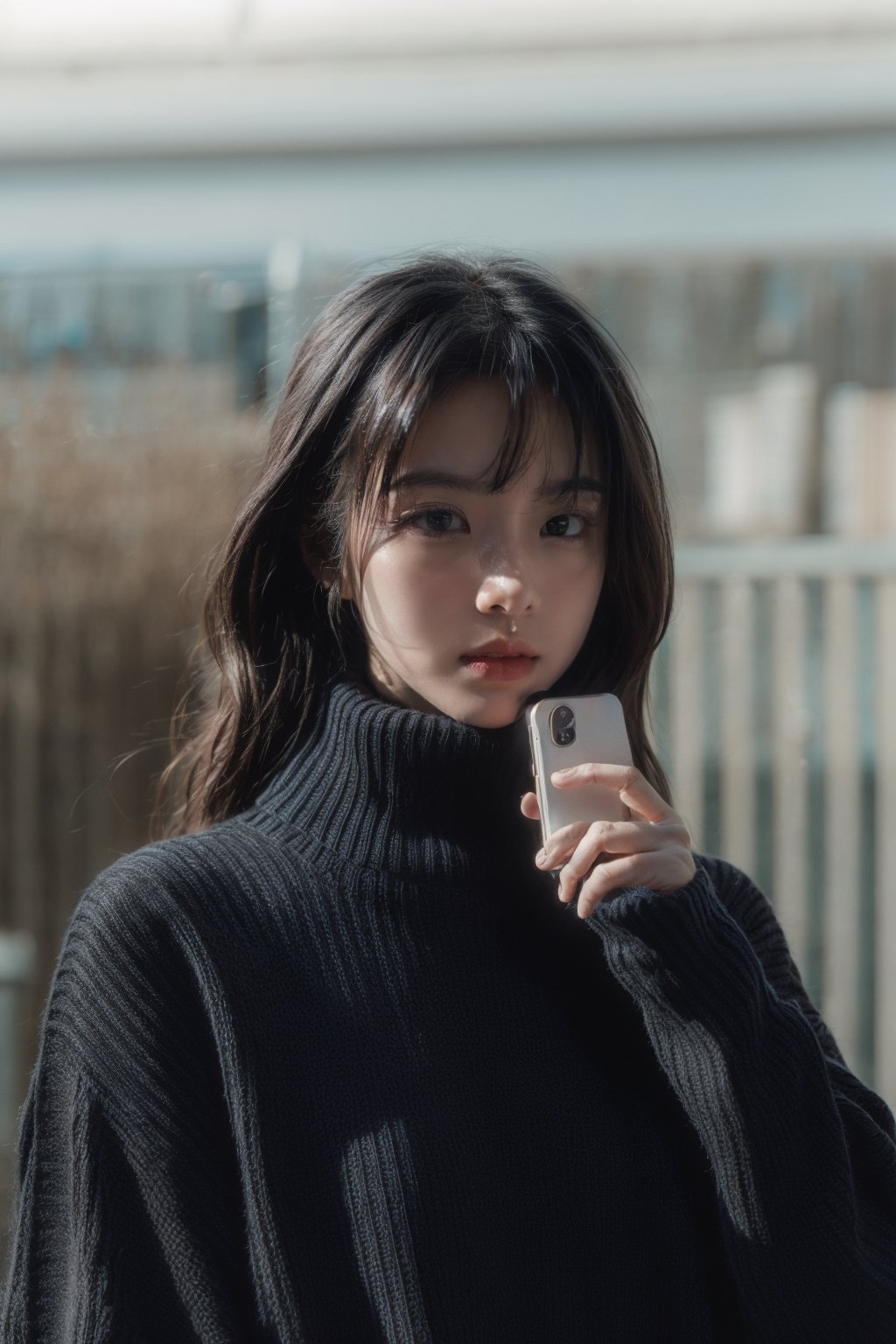 1girl, solo, looking at viewer, bangs, black hair, long sleeves, holding, upper body, outdoors, parted lips, open clothes, day, medium hair, blurry, black eyes, sweater, lips, coat, blurry background, turtleneck, turtleneck sweater, realistic, fence, camera, photo background, holding camera