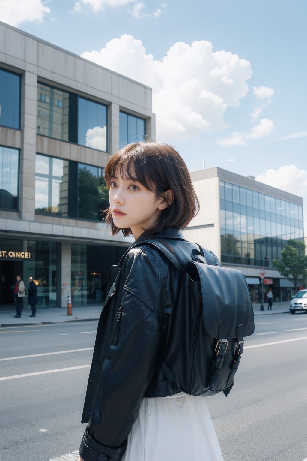 1girl, solo, short hair, brown hair, black hair, long sleeves, jacket, outdoors, sky, day, cloud, bag, from behind, blue sky, black jacket, backpack, building, scenery, city, sign, facing away