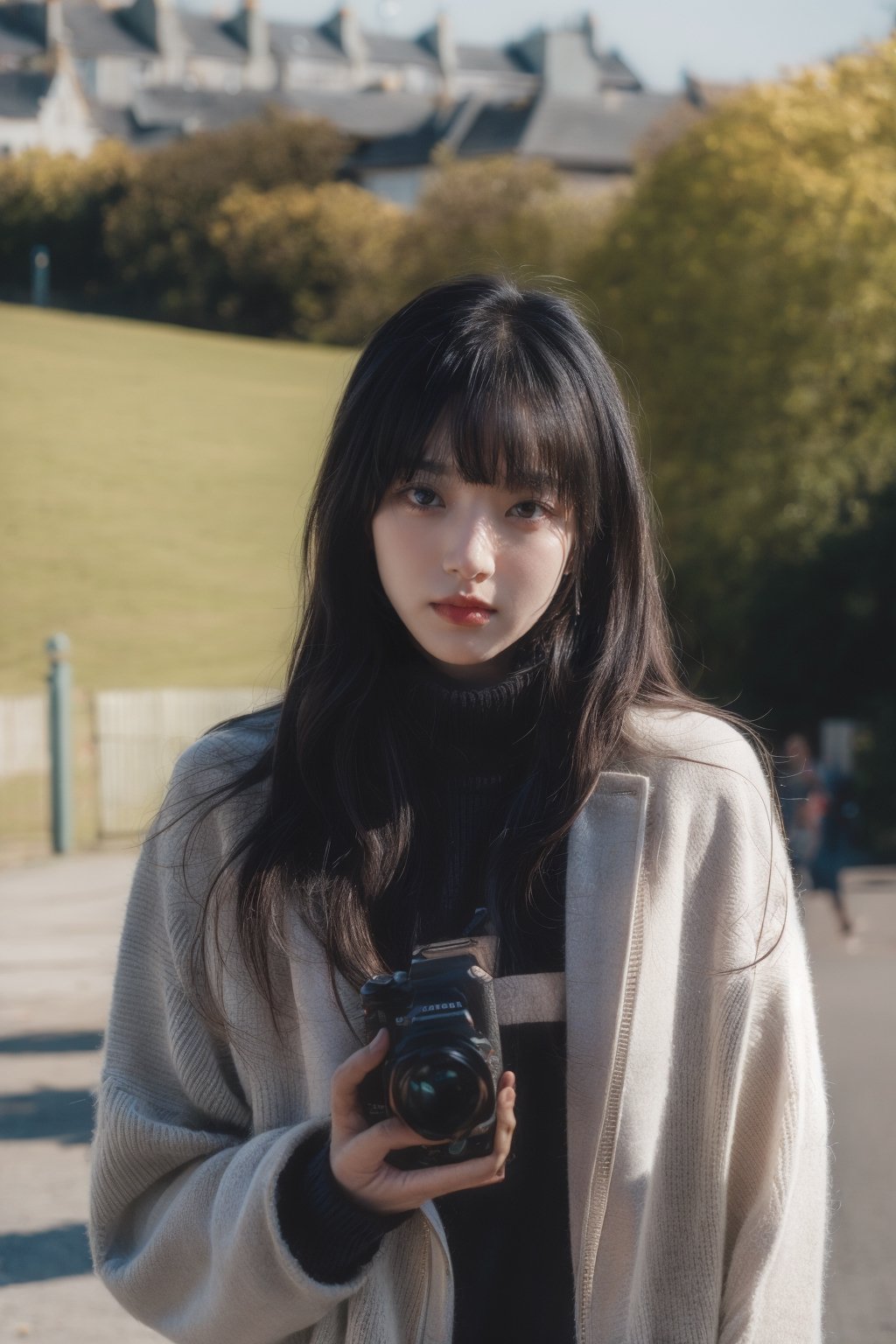 1girl, solo, looking at viewer, bangs, black hair, long sleeves, holding, upper body, outdoors, parted lips, open clothes, day, medium hair, blurry, black eyes, sweater, lips, coat, blurry background, turtleneck, turtleneck sweater, realistic, fence, camera, photo background, holding camera