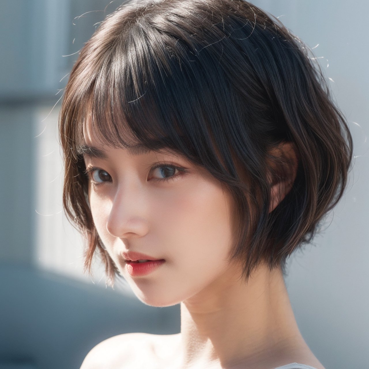 1girl, solo, looking at viewer, short hair, bangs, brown eyes, closed mouth, grey hair, nude, lips, shadow, bob cut, portrait, realistic, nose ,shaded face