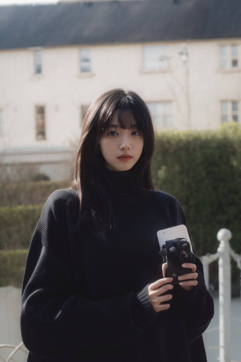 1girl, solo, looking at viewer, bangs, black hair, long sleeves, holding, upper body, outdoors, parted lips, open clothes, day, medium hair, blurry, black eyes, sweater, lips, coat, blurry background, turtleneck, turtleneck sweater, realistic, fence, camera, photo background, holding camera