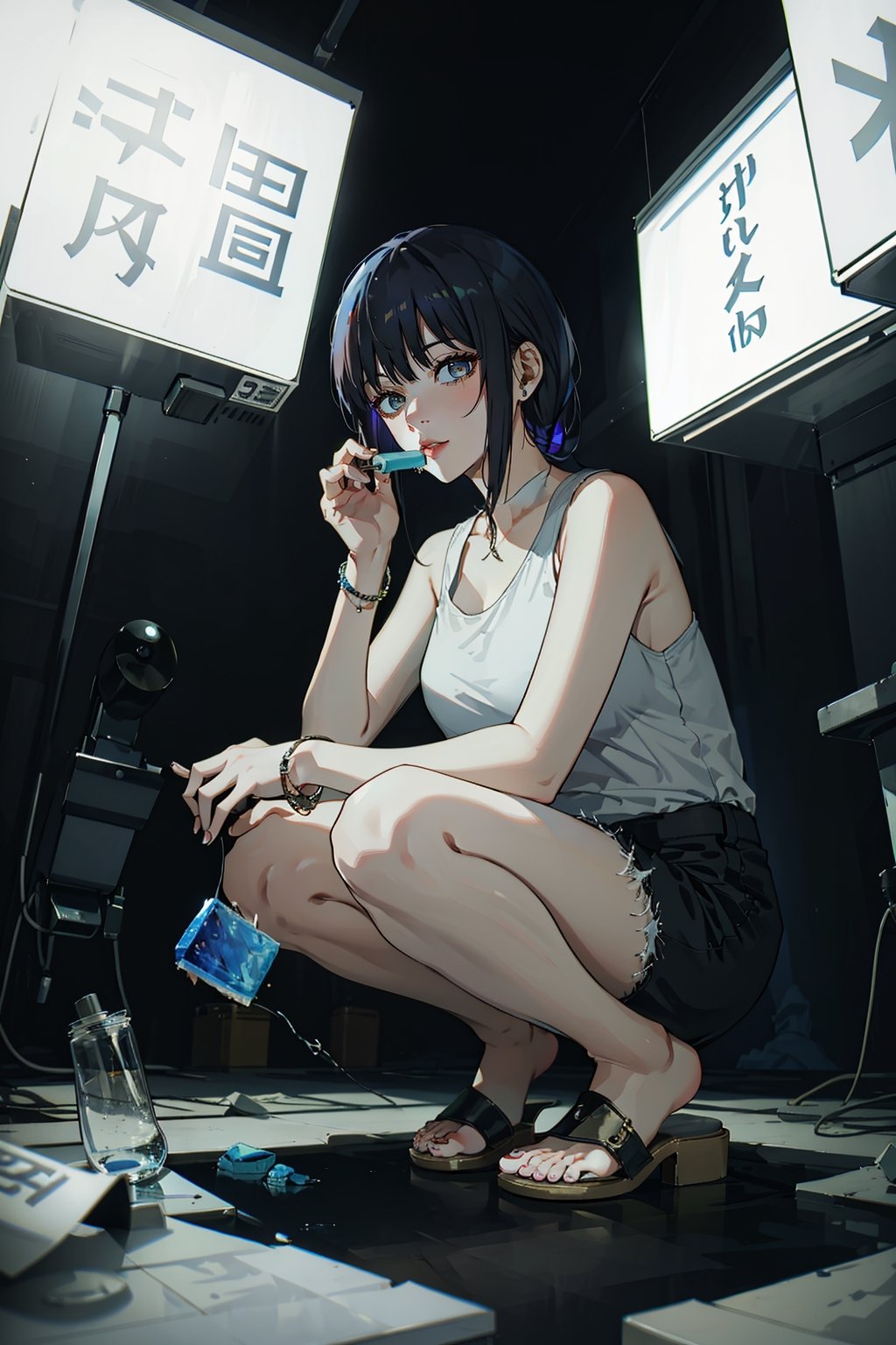 1girl, solo, long hair, looking at viewer, bangs, blue eyes, shirt, black hair, holding, jewelry, full body, white shirt, outdoors, food, shorts, sleeveless, hair bun, nail polish, bracelet, short shorts, double bun, night, eating, sandals, squatting, tank top, holding food, building, hand on own face, popsicle, ice cream , ((fish_eye lens)),flash,flashlight,makima \(chainsaw man\)