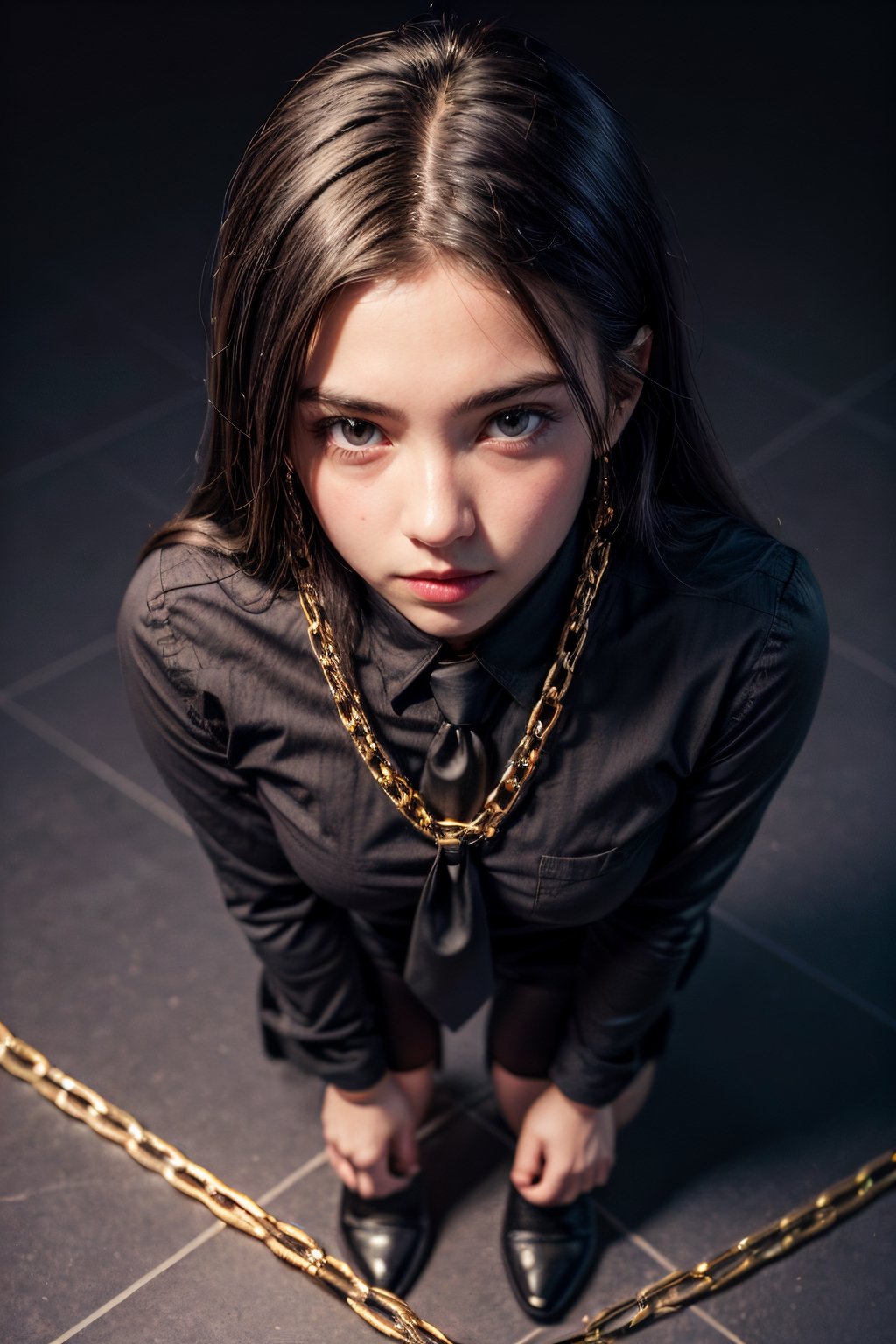 girl holding chains around her , steel_chains , pov , black_long_hairs , office_lady , tie , 5th dimension glowing squares background , complicated_background , another_dimension_background ,top_view_pose,top_view_perspective , 