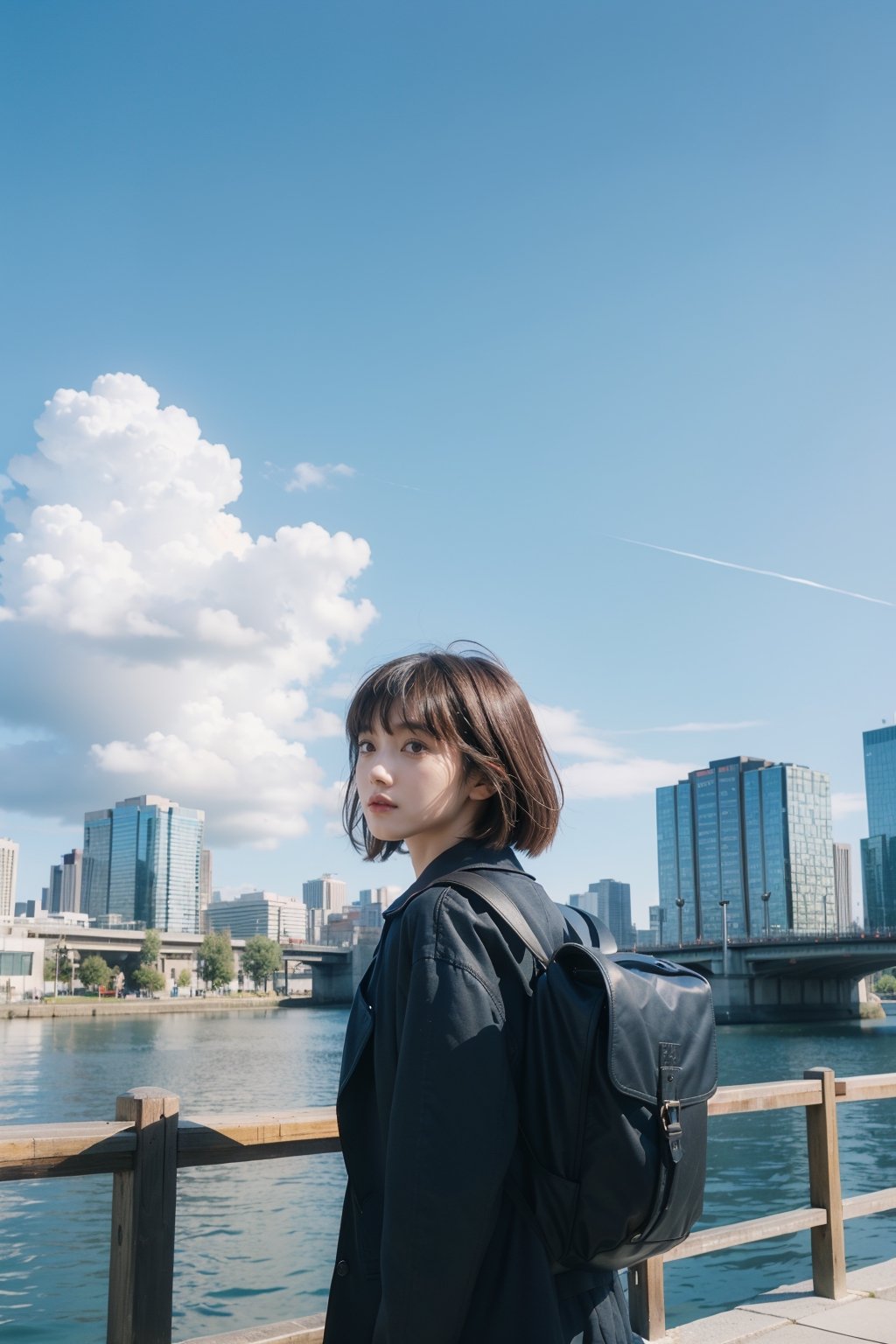 1girl, solo, short hair, brown hair, black hair, long sleeves, jacket, outdoors, sky, day, cloud, bag, from behind, blue sky, black jacket, backpack, building, scenery, city, sign, facing away