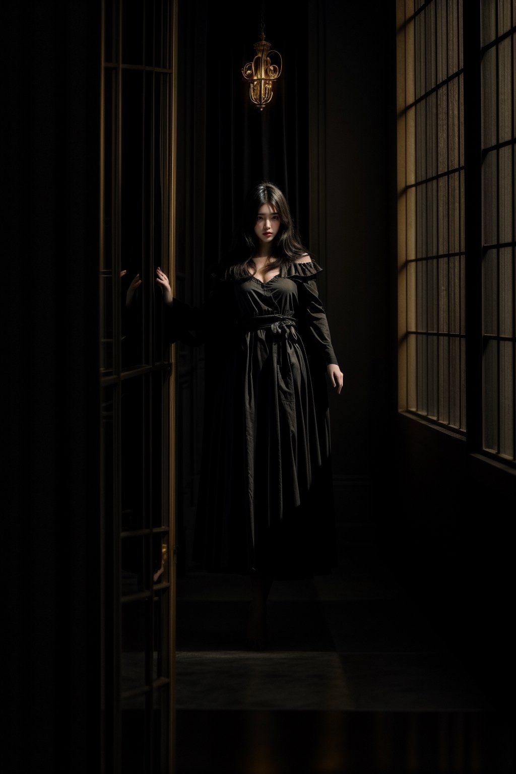 A woman in a black dress standing in a dark room, bathed in golden light streaming through a window,  her hands raised in the light, volumetric lighting,  moody, ethereal , foggy atmosphere 

,con_art2