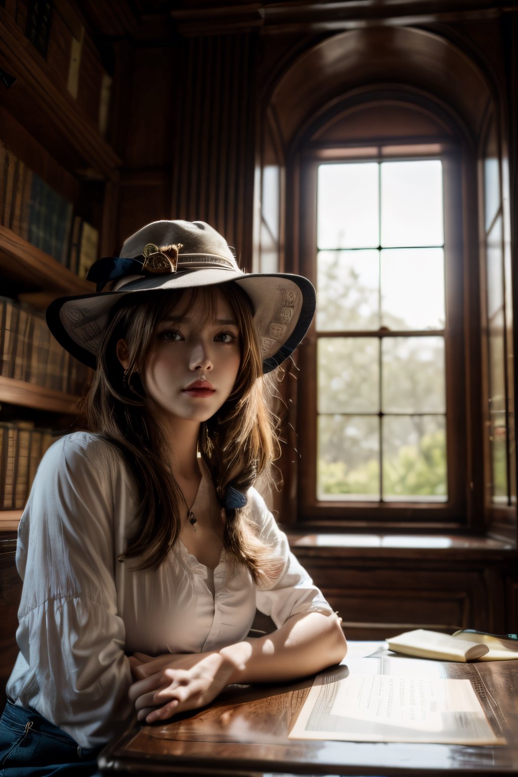 lisa , sitting inside library , wearing_hat , magical_enviornment , detialed_background , sunrays coming from window , sunshine_particles , 32k , highres , high_resolution , masterpeice , 8k