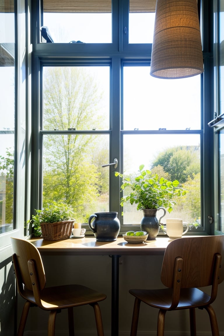 indoors, tree, no humans, window, chair, table, scenery, branch, stool, vase, kitchen, still life