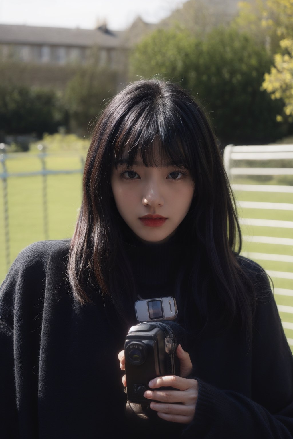 1girl, solo, looking at viewer, bangs, black hair, long sleeves, holding, upper body, outdoors, parted lips, open clothes, day, medium hair, blurry, black eyes, sweater, lips, coat, blurry background, turtleneck, turtleneck sweater, realistic, fence, camera, photo background, holding camera