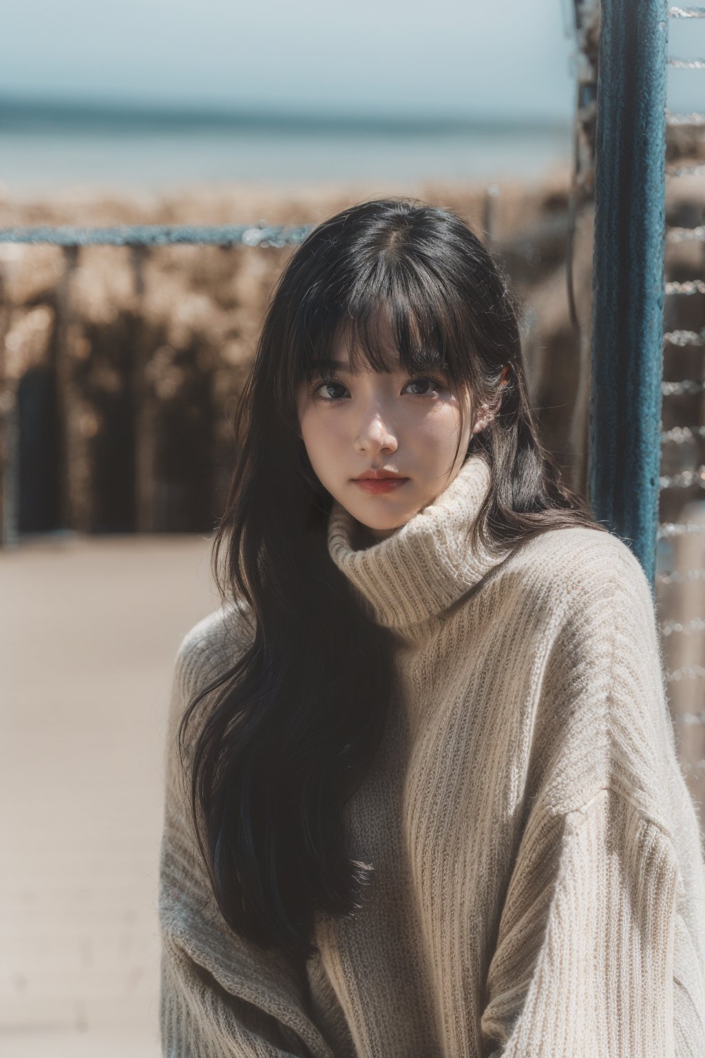 1girl, solo, looking at viewer, bangs, black hair, long sleeves, holding, upper body, outdoors, parted lips, open clothes, day, medium hair, blurry, black eyes, sweater, lips, coat, blurry background, turtleneck, turtleneck sweater, realistic, fence, camera, photo background, holding camera