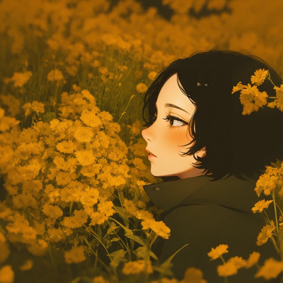 1girl, solo, short hair, black hair, upper body, flower, redscale, profile