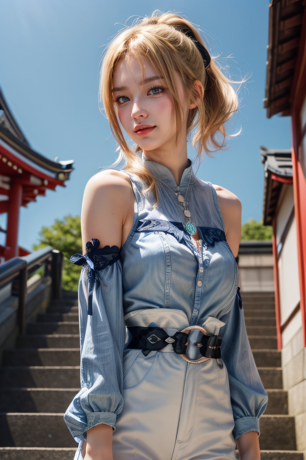  jeanseabreeze, upper body, smile, blush, outdoors, day, simple background, blue sky, short hair, sky, Asakusa temple, looking at viewer, stairs, Tokyo tower, moody lighting, jeanrnd, blond_hair, blue_clothes, , Masterpiece, pony_tail