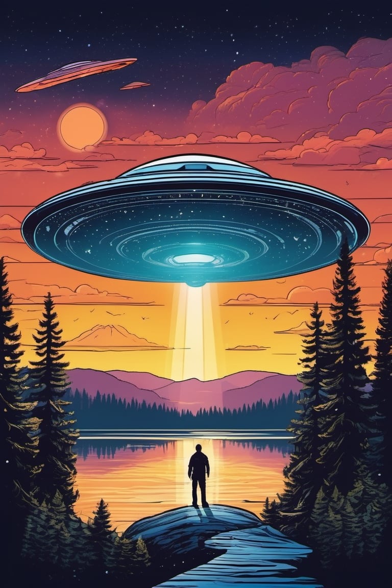 create a visually stunning comics poster with manon the mound shooting UFO, pines and the lake on the background with sun in the middle.  Perfect composition, filigree, sharp colors, hyperrealism, detail, dynamic light, cinematic light, unfocused dark background