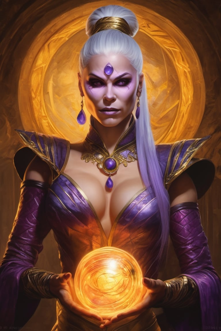 Sindel from Mortal Kombat 11 holding orbs, 4th century, old master oil painting, perfect composition, filigree, sharp colors, hyperrealism, detail, dynamic light, cinematic light, unfocused background, daniel Ridgeway knight, Konstantin Razumov, Jean Baptiste Monge