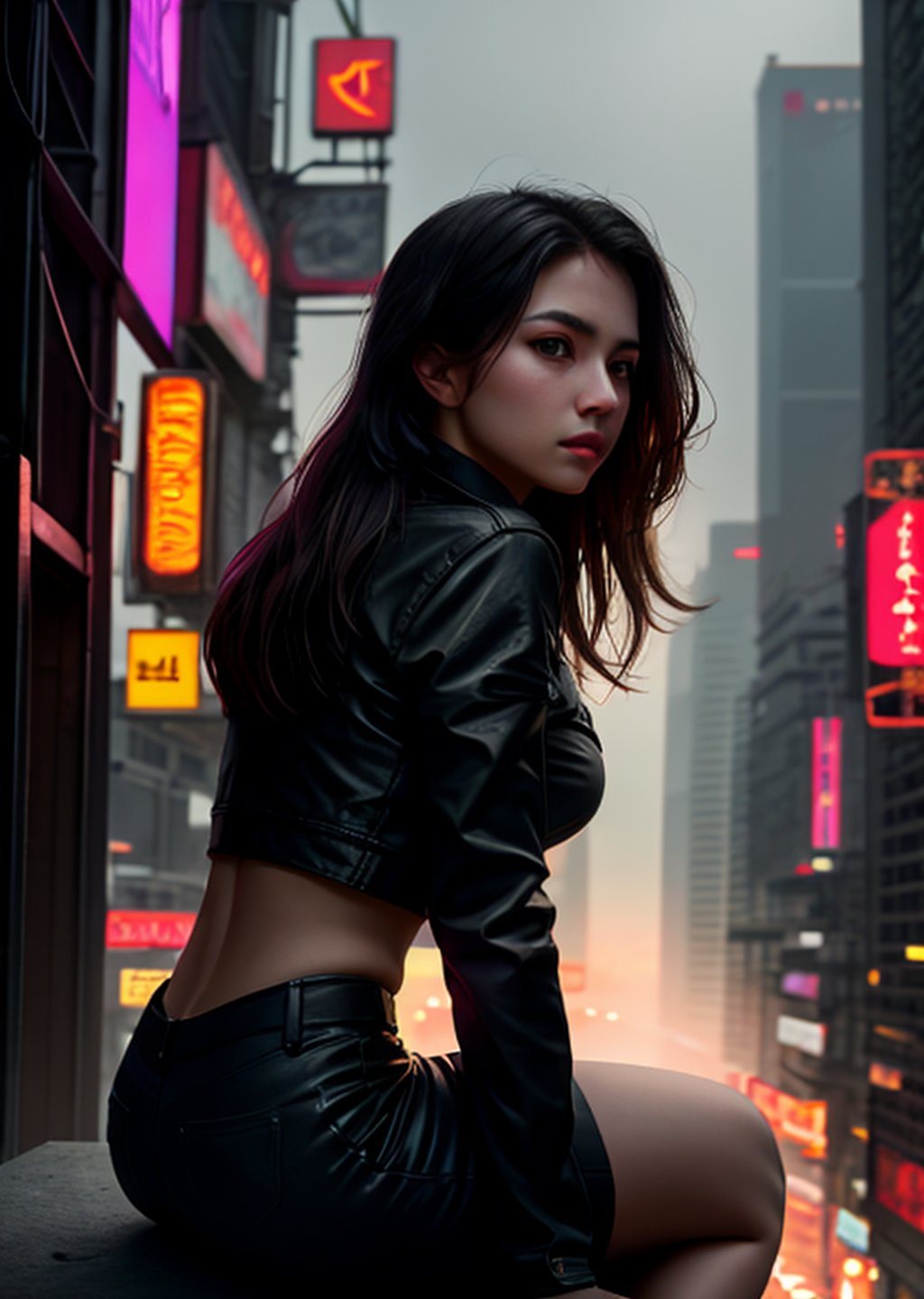 glamour shot from side of a girl sitting on ledge overlooking a grand neon lit cyberpunk city at a misty night, masterpiece, best quality, dslr, 8k, 4k, ultrarealistic, realistic, raytracing, subsurface scattering, (cyberpunk city), 1girl, sitting, edge of ledge, from behind, (close-up:1.3), night, misty, cloudy, paradise, utopia, skyscraper, citadel, sci-fi, future architecture, 21:9, dynamic, great perspective, film grain, motion blur, cinematic, masterpiece, high quality, highres, absurdres, dramatic, great composition, neon light, hyperreal, photoreal, realistic, raw photo, detailed, ultra-detailed, intricate, volumetric lighting, looking at viewer, face focus,