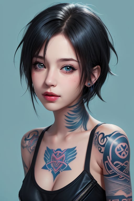 Alternative cute girl model, sweet face, realistic, high_resolution, blue_background, Punk style, distopic, tattooed girl