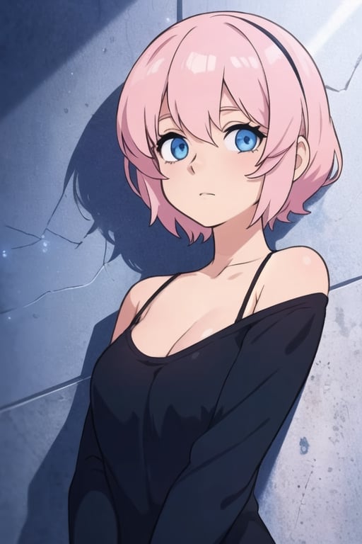 Girl ((short light pink hair)) and dull blue eyes, wearing headphones, leaning against a wall ((with lights shining on her face and body)), wearing a black shirt.,High detailed ,CLOUD