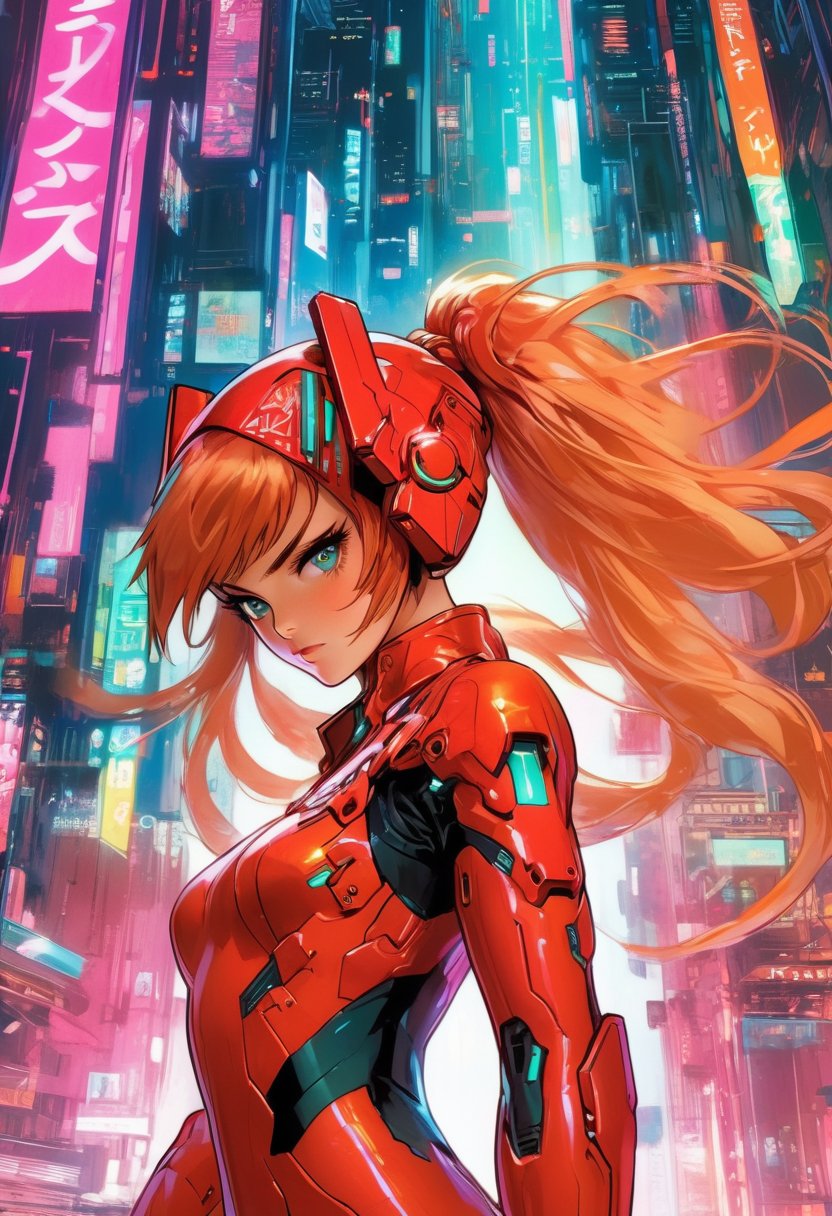 Scarlet jahson as Asuka Langley, iconic plug suit, vibrant anime artwork, VR helmet, a cyberpunk 2077 cityscape, skillfully hacking on a futuristic computer, highly detailed, J.C. Leyendecker's style, studio anime, a sense of futurism and sci-fi, technologically advanced world.